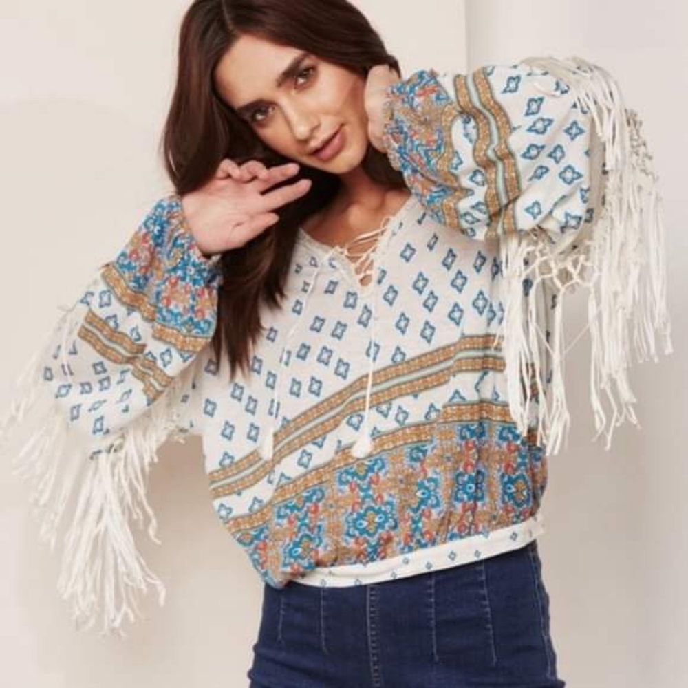 Free People White Fringe Macra Maze Paisley Top M